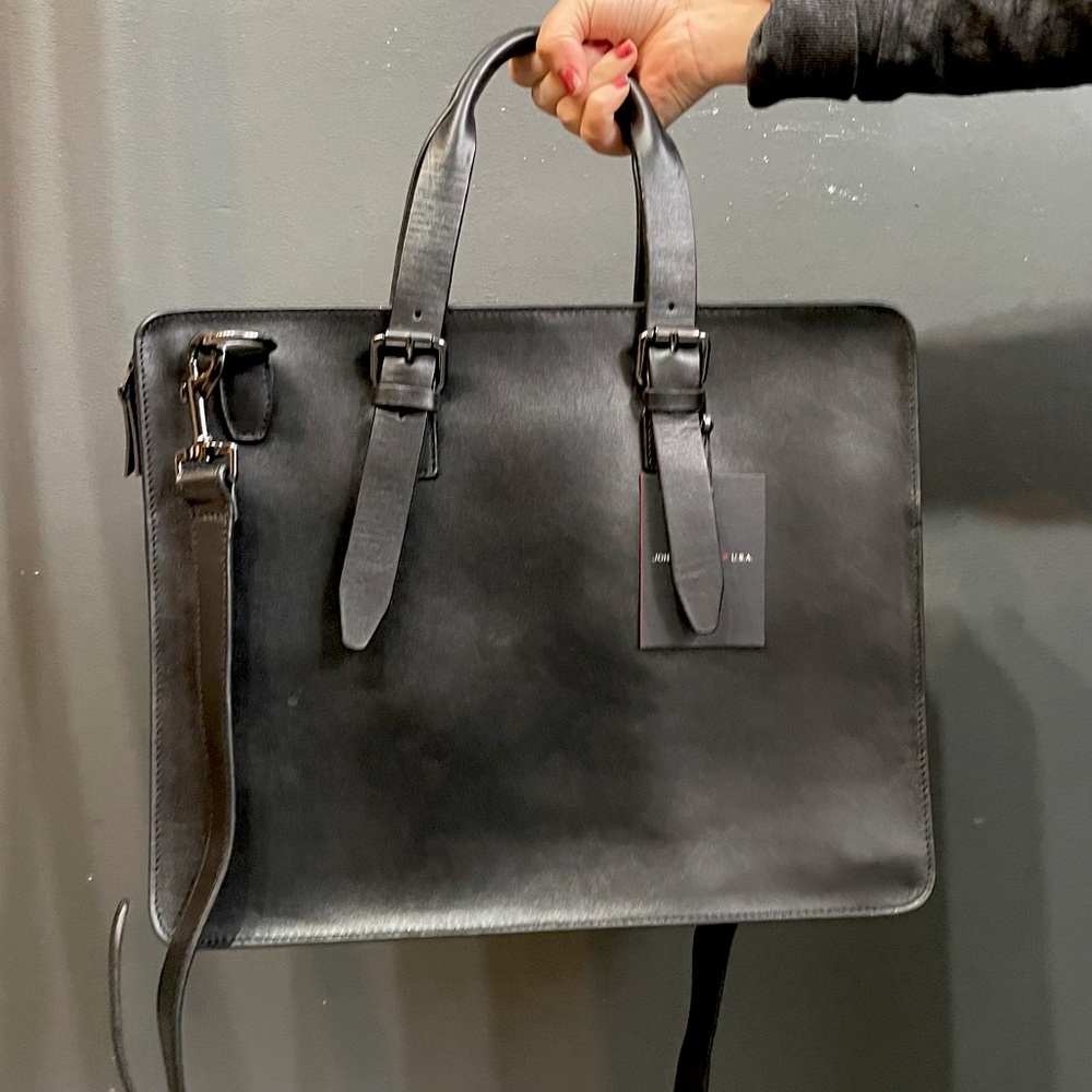 John Varvatos Black Leather Briefcase Laptop Bag